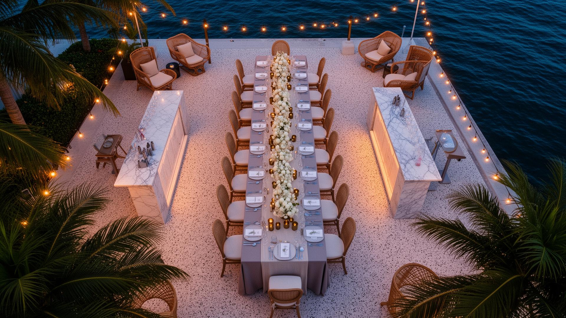 Blue-hour rooftop dinner over Biscayne Bay produced by Karkour Hospitality