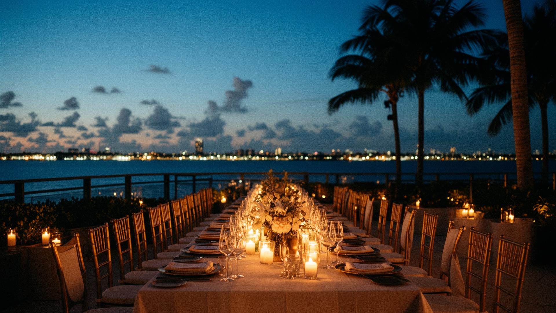 Miami waterfront event at blue hour